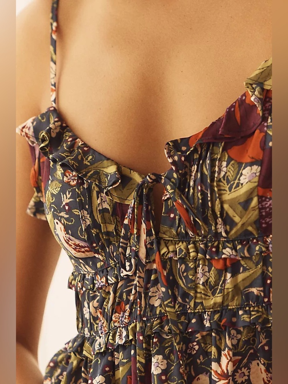 Anthropologie Olive Multi Floral Ruffle Crop Top